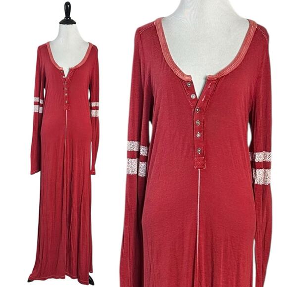 Free People Just Like Heaven Henley Maxi Dress Red Grunge 90s Fall Size Small - Picture 5 of 16